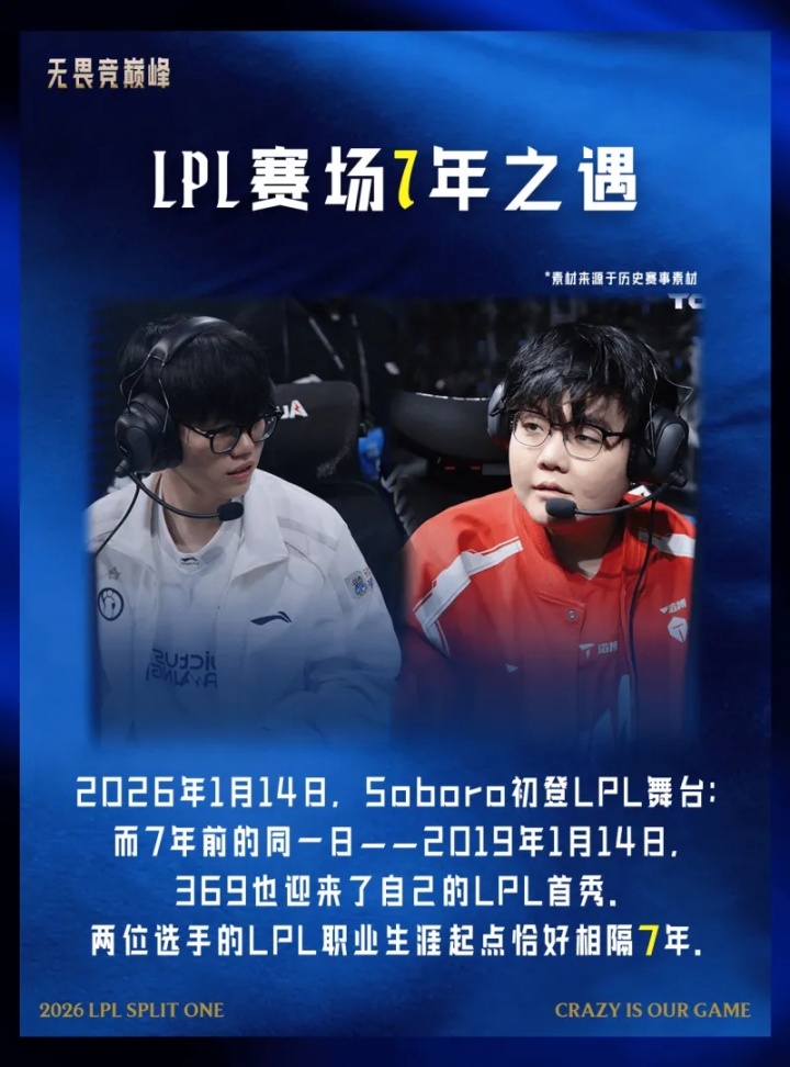 Soboro今年1月14日初登场,7年前同一日369迎来自己LPL首秀